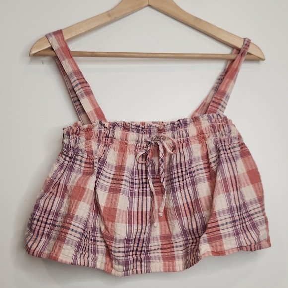 American Eagle Outfitters Pink and White Smocked Tie Front Crop‎ Tank Top women - Picture 3 of 6